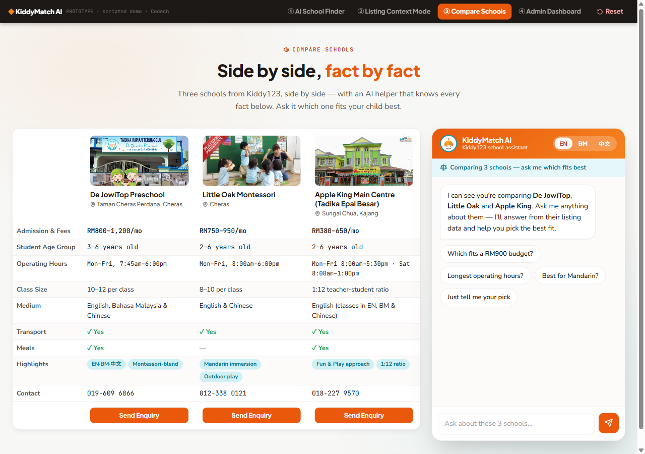 Compare Schools — three schools side by side with AI helper
