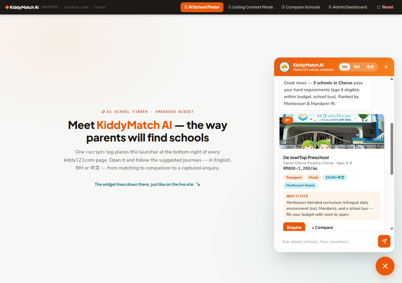 AI School Finder — widget with ranked recommendations